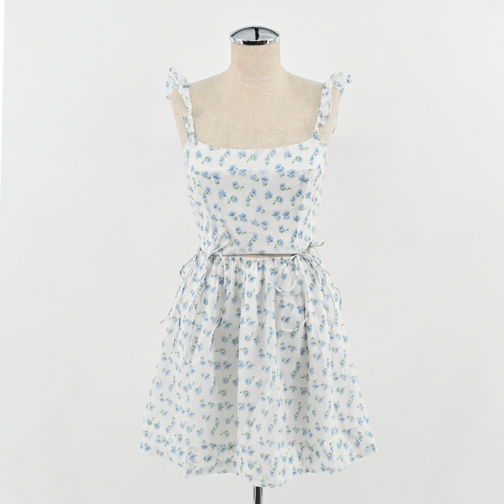 Storia Floral Mini Dress Womens Size S White Blue Ruffle Strap Tie Waist Smocked